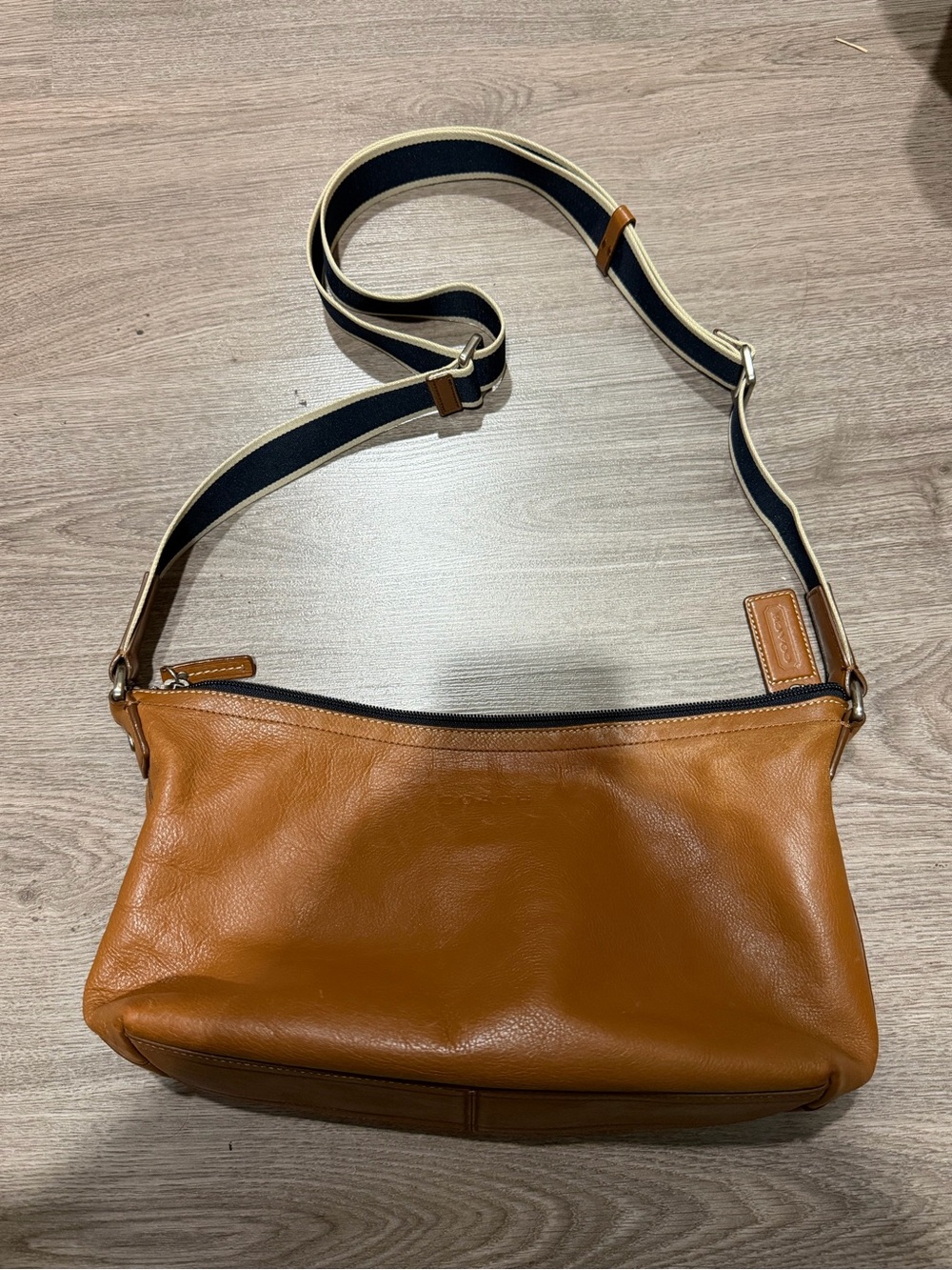 Coach Tan Leather Crossbody with Adjustable Striped Strap